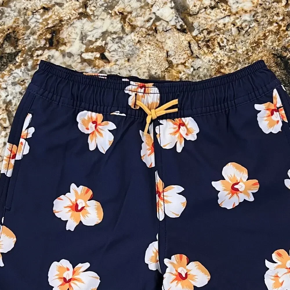 NWT J. Crew Boys' Navy W/ Gold & White Tropical Floral Swim Trunk